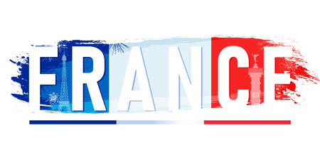 France, lettering design for t-shirt. Vector typography with national flag, Eiffel tower and Place Chatelet monument for National Day holiday or travel conceptのイラスト素材