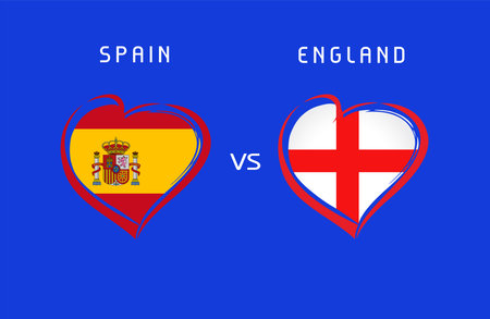 Spain vs England, flag in heart shape emblems. Vector background with Spanish and English flags for football Final, July 2024のイラスト素材