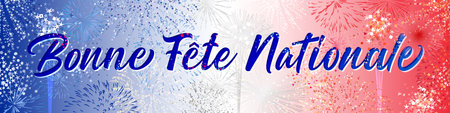 Happy National Day French text, horizontal decorative banner. Web button. Shiny fireworks with clipping mask. Holiday backdrop. Editable vector design. Creative clip art. Cute congのイラスト素材