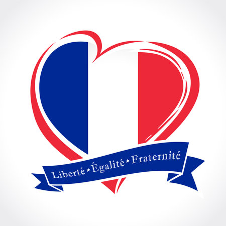 French National Day creative icon. Holiday logo or symbol with congratulation text - Liberty, Equality, Fraternity. Heart shape and ribbon with flag of France colors. Travel badgeのイラスト素材