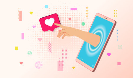 Hand points to reaction like from smartphone screen. Smm strategy. Social media algorithm. Influence and popularity. Contemporary pop art collage. Vector retro Memphis style designのイラスト素材