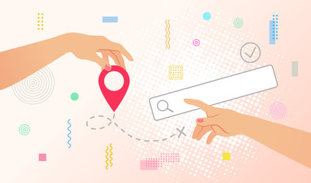 Hands holding pin location and search bar. Pop art with position element. Travel way and find trip or package tracking. Transport logistic vector illustration in retro Memphis stylのイラスト素材