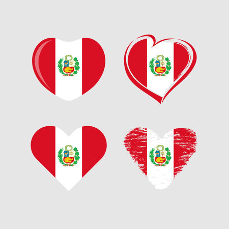 Set of Peruvian hearts. Heart logo with flag of Peru and clipping mask. Sports team branding concept. Creative shapes. Happy Independence Day of Peru holiday emblem. Digital editabのイラスト素材