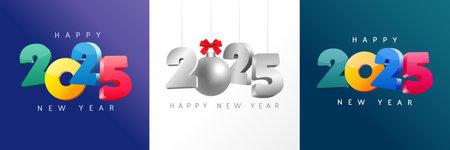 Happy New Year 2025 square template, greeting card with 3d hanging number and Christmas ball. Seasonal holidays, greeting banners and invitation. Vector illustrationのイラスト素材