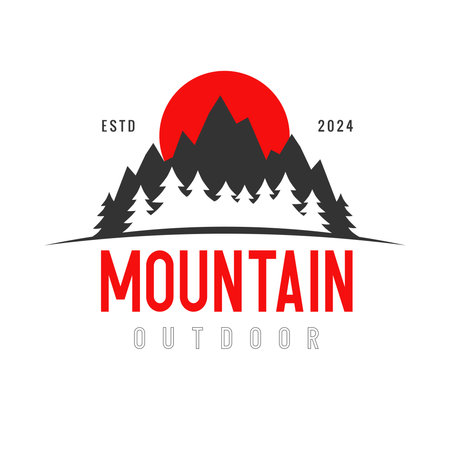 Adventure camp logo with forest on mountain and sunrise. Vintage design outdoor mountain summer camp. Vector emblem, badge or patchのイラスト素材