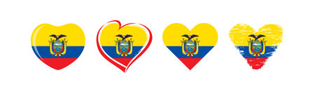 Big set of isolated hearts with Ecuadorian flag background. Creative emblem, business logo, sport icon, travel symbol, political sign. Welcome to Ecuador invitation, ticket conceptのイラスト素材