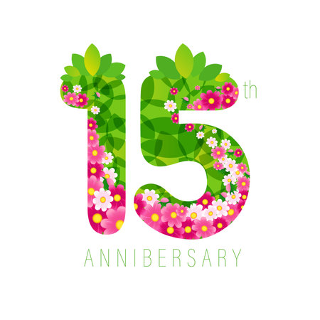 15th anniversary creative concept. 15 years old with plant background and clipping mask. Floral design. 3D pink flowers and green leaves. Cute 1 and 5 number. Holiday icon. Festiveのイラスト素材