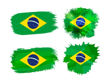 Brazil flag icons set in grunge style. Isolated stains with Brazillian flag and clipping mask. Clip art collection. Creative template with abstract spots. Branding identity conceptのイラスト素材