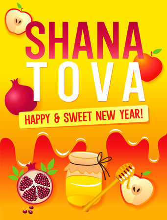 Shana Tova, Happy and sweet New Year - card with honey, apple and pomegranate. Rosh Hashanah concept with honey melting, vector designのイラスト素材