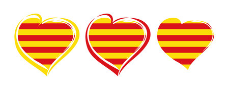 Set of creative heart shapes with Catalonian flag background and isolated clipping mask. Striped colorful icon. Badge concept. Holiday symbol. Welcome to Cataloniaのイラスト素材