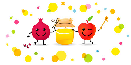 Funny pomegranate, apple emoji and honey, Shana Tovah creative icons. Celebrate Rosh Hashanah 2024 with joy and warmth! Shana Tova vector illustration for banners or greeting cardsのイラスト素材