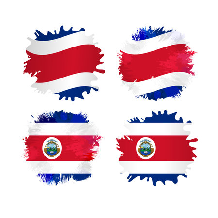 Set of grunge isolated stains with Costa Rican flag background. Creative flags of Costa Rica with brush stroke shaped clipping mask. Brushing strokes. Ink arts style abstract signのイラスト素材
