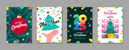 Merry Christmas and Happy New Year 2025 creative posters and greeting cards set. Modern greeting cards vector design with Xmas ball, typography, Christmas tree and colorful giftsのイラスト素材