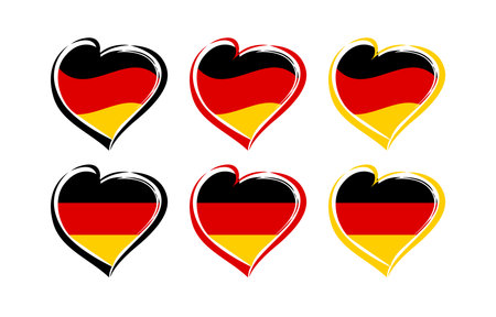Set of creative hearts with black, red and yellow handdrawn style strokes and the flag of Germany. Clip art collection. Classic and waving German flag, heart shape with isolatedのイラスト素材
