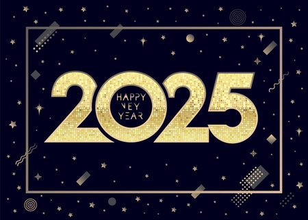 Happy New Year 2025 golden numbers, Memphis style elements and stars. Premium logo concept with gold...