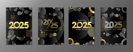 Set of luxury happy new year 2025 cards. Premium cover concept with golden mosaic numbers, round balls, lines and Memphis style elements. Vector premium design calendar 2025のイラスト素材