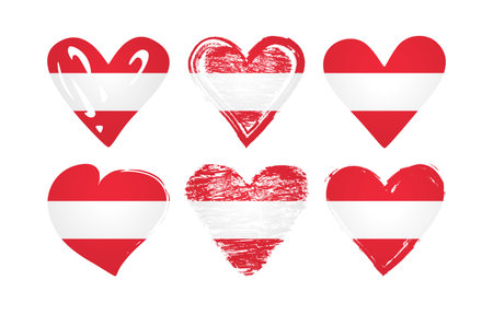 Graphic collection of creative heart shapes with Austrian flag background. Cute hand drawn style hearts. Set of labels. Welcome to Austria, welcome to Vienna tourism logo concept.のイラスト素材