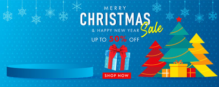 Christmas sale promotion banner for product demonstration with gifts and xmas tree. Vector special offer New Year poster design with typography, colored spruce, gift boxes and podiのイラスト素材