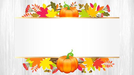 Thanksgiving Day decoration with 3d pumpkin and autumn leaves. Vector concept with rowan berries, maple leaves, oak leaves and acorns on wooden planks backgroundのイラスト素材