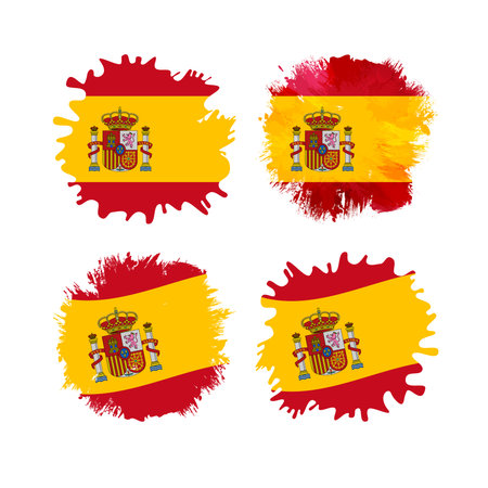 Set of realistic stains with flag of Spain background and clipping mask. Cute ink or paint style shapes with Spanish flag. Holiday symbol. Travel ticket design element. Touristのイラスト素材