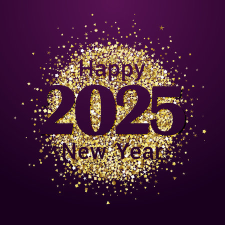 Sweet congratulations on the New Year 2025 with decorative golden ball. Square greeting card. Christmas decoration creative concept. Shiny gold backdrop. Xmas gift box design.のイラスト素材