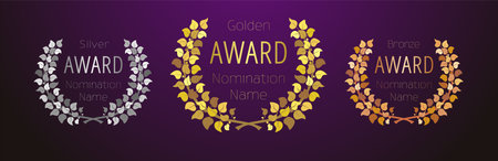 Set of metallic style branches. Gold, silver and bronze awards. Clip art collection with realistic leaves. Awarded circle. Medal element. Industrial or business concept. Creativeのイラスト素材