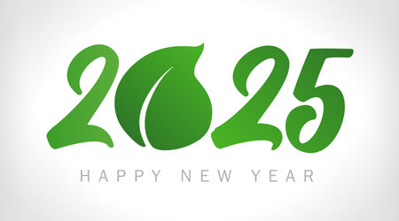 Happy New Year 2025 environmental concept. 100 percent natural creative template. Number icon with green leaf. Special offer logo design. Typographic idea. Business idea. Naturalのイラスト素材