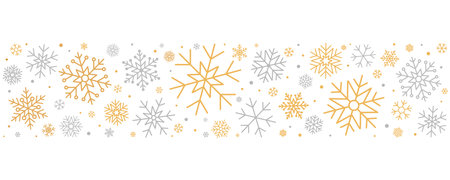 Winter border of silver and golden snowflakes for Christmas decorations. Xmas vector background with golden snow and circles confetti patternのイラスト素材
