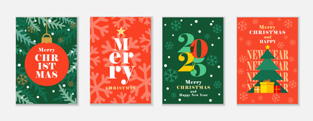 Merry Christmas and Happy New Year 2025 greeting cards or creative posters set. Vector concept background with green Xmas tree and snowflakes for invitation flyers, banners, magaziのイラスト素材