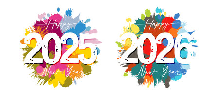 Set of trendy handdrawn style round colored icons for new year 2025 and 2026 celebrating. Arts banner design. Festive concept. Watercolor template with brushing strokes. Creativeのイラスト素材