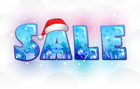 Winter SALE cute banner with x mas decorative items and 3D style inscription S A L E. Snowy background. Colourful design. Advertising banner. Isolated elements. Merry Christmasのイラスト素材