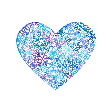 Winter snowy cute heart. 3D paper style creative heart. Greeting card design. Hello winter editable poster, social media template. Set of realistic snowflakes I love winter conceptのイラスト素材