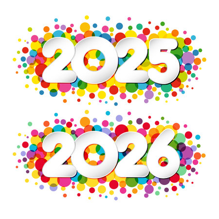 Set of new year horizontal icons 2025 and 2026. Creative concept with colorful bubbles. Sticker concept. Decorative banner. Coloured lines and 3D paper number. Holiday background.のイラスト素材