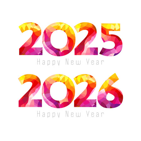 Cute creative red coloured numbers 2025 and 2026. New year set. Holiday concept. Modern texture. Isolated design. Shiny template. Two, five, six, zero or letter O trendy icons. Speのイラスト素材