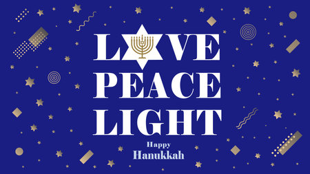 Love, Peace, Light - Happy Hanukkah lettering banner. Hanukkah vector concept with Menorah candles, typography and Memphis style elementsのイラスト素材