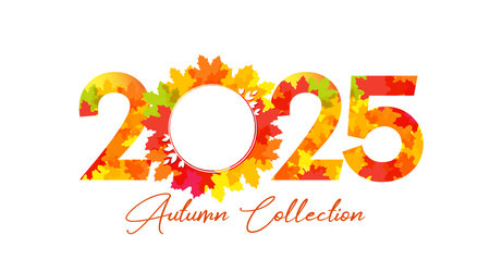 2025 Autumn Collection special offer with yellow and orange leaves. Lettering fashion concept for Fall season sale promotion banner with colored foliage and numbers. Vector illustrのイラスト素材