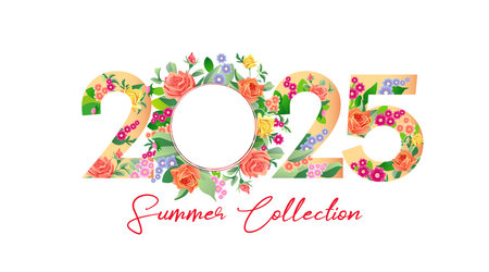2025 Summer Collection special offer with flowers and leaves. Vector concept fashion logo 2025 with rose flowers for discount banner or sale poster designのイラスト素材