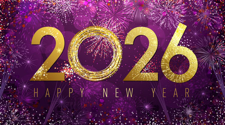 Happy New Year 2026 greeting card design with holiday backdrop and golden typography 20 26 Shiny graphic elements. Abstract festive background. Isolated fireworks. Cute postcard.のイラスト素材