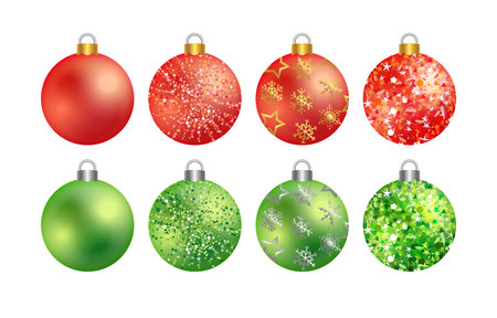 Set of shiny Christmas balls, vector clip art. Green and red colours. X mas cute 3D decorations. Xmas tree beautiful decor with golden and silver glitters and snowflakes. Holidayのイラスト素材