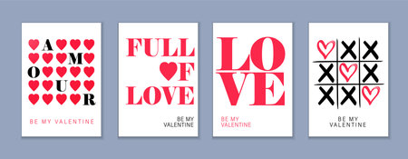 Be my Valentine, Happy Valentines Day creative cards set. Valentine's Day typography concept - Amour, Full of love, tic tac toe. Hearts pattern vector background in modern styleのイラスト素材