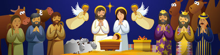Festive horizontal banner with cartoon style Nativity scene. Mother Mary, Joseph, baby Jesus, 3 shepherds and three kings, singing angels worshiping God. Bethlehem star. Christmasのイラスト素材