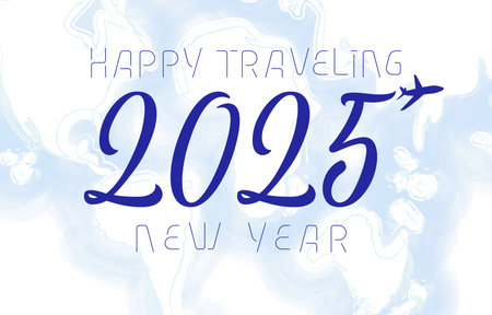 Happy Traveling New Year 2025 creative graphic congrats. Business discount card concept. Travel...