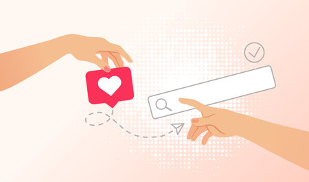 Hand holding like icon and direct message sign. Hands of lovers touching each other. Vector illustration of finding love for Valentine's day greetingのイラスト素材
