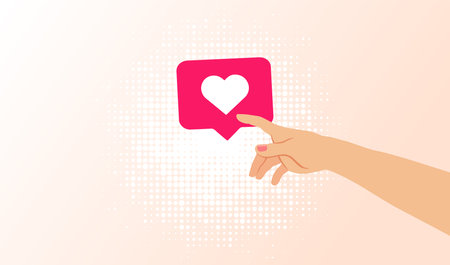 Hand touching love reaction icon, creative background. Hand of lovers touching heart like button. Vector illustration of finding love for Valentine's day greeting cards or bannersのイラスト素材