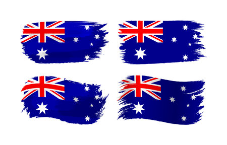 Set of grunge graphic style Australian flags. Flag of Australia creative collection. Abstract artistic 3D and waving shapes with isolated clipping mask. Badge label design.のイラスト素材