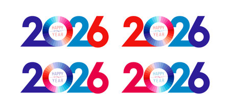 Set of creative 2026 symbols in red, blue and white colors. Fiscal year 2 0 2 6 logo design with cute geometric circle. Special offer banner concept. Bold emblem, templateのイラスト素材