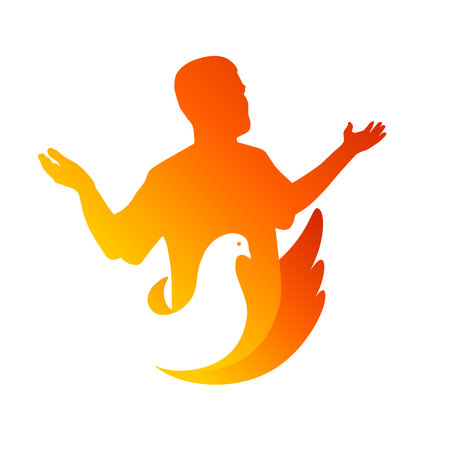 Silhouette of a praying man. Feed the fire of the Holy Spirit - Pentecost Sunday holiday design concept. Christian church or worship sweatshirt design. Vector illustrationのイラスト素材