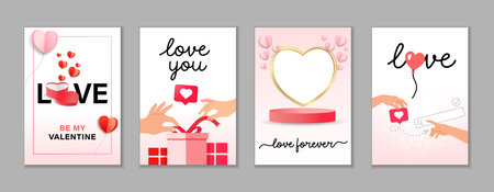 Be my Valentine, creative covers design for Valentine's Day. Two hands of lovers going to touch together, gift and hands, golden heart frame and podium. Vector sale conceptのイラスト素材