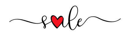 Word SALE design, horizontal wallpaper banner, web button concept. Creative text. Cute handwritten style calligraphy with red heart. Valentine's Day sale outdoor decoration.のイラスト素材