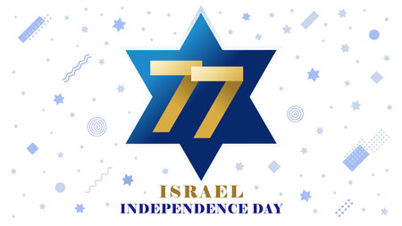 Israel Independence Day creative card with magen David and Memphis elements. Greeting banner with 77th years anniversary Yom Ha'atzmautのイラスト素材